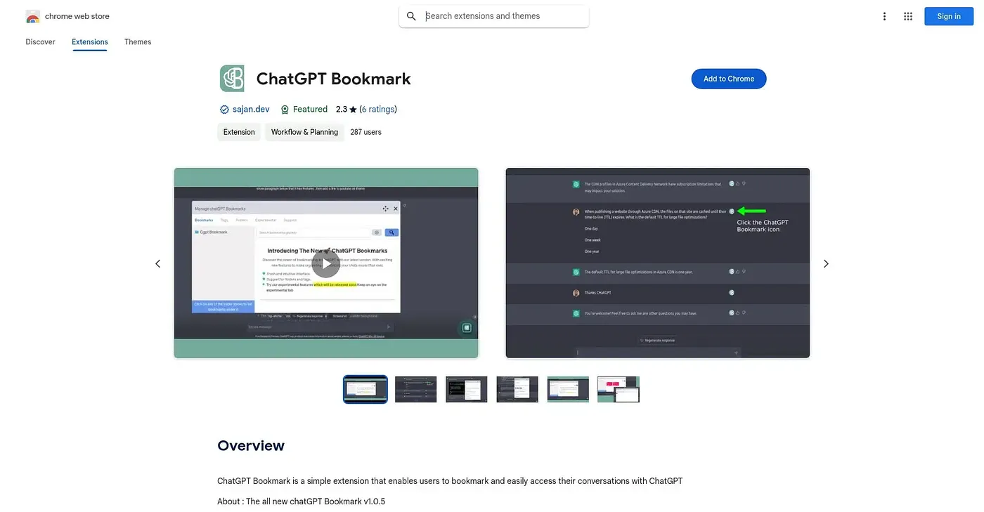 Screenshot of ChatGPT Bookmark Chrome Extension