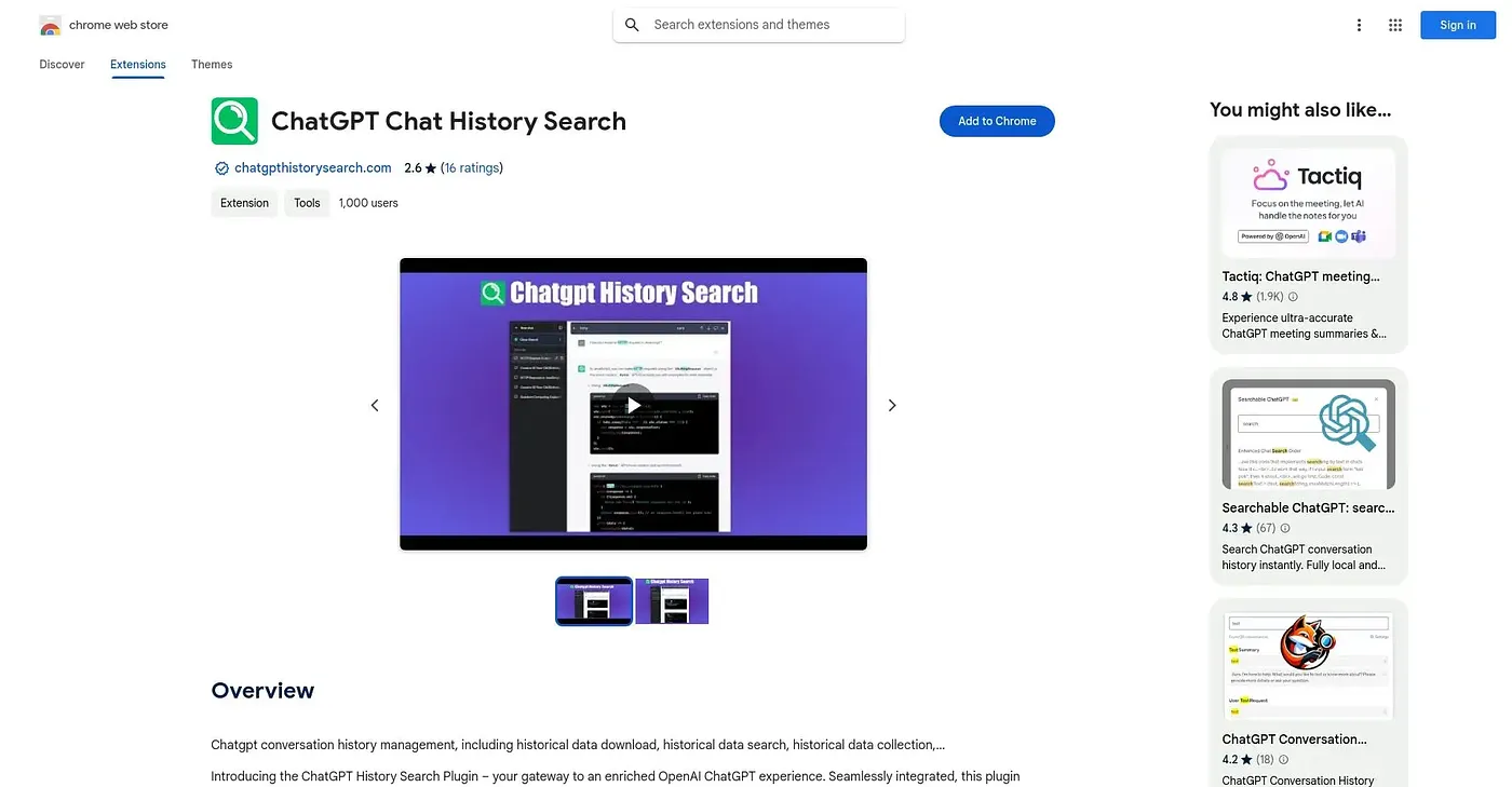 Screenshot of ChatGPT History Search Plugin Extension