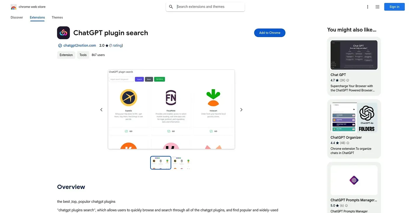 Screenshot of ChatGPT Plugin Search Chrome Extension