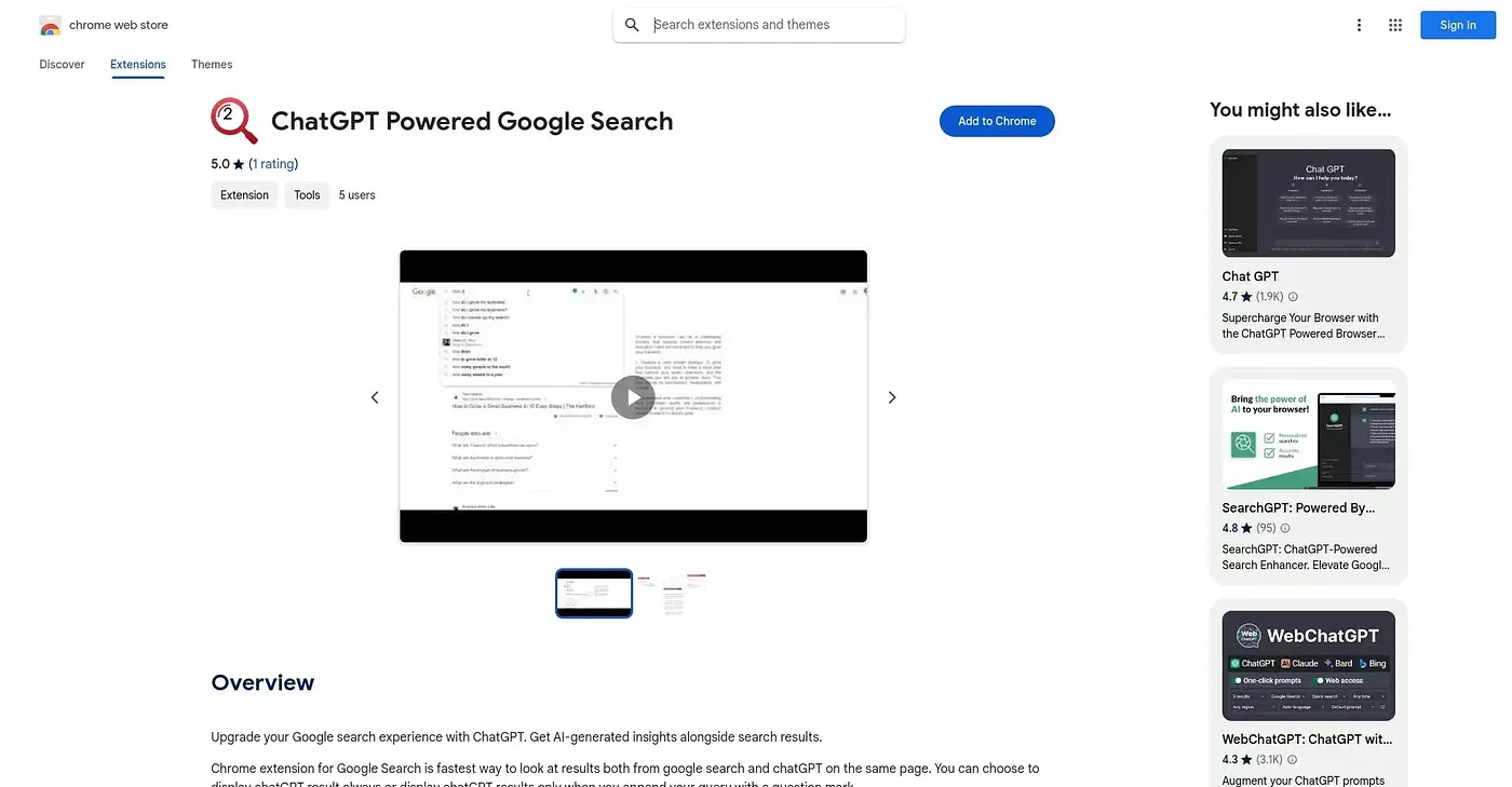 Screenshot of ChatGPT Powered Google Search - Chrome Extension