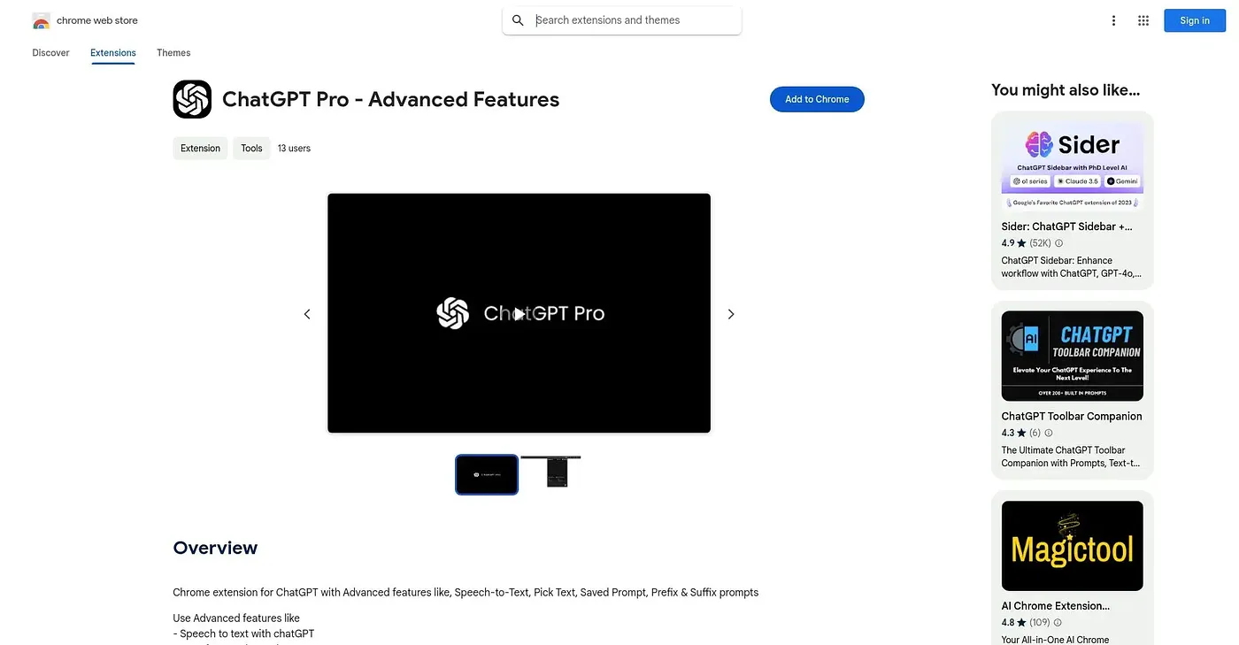 Screenshot of ChatGPT Pro Extension