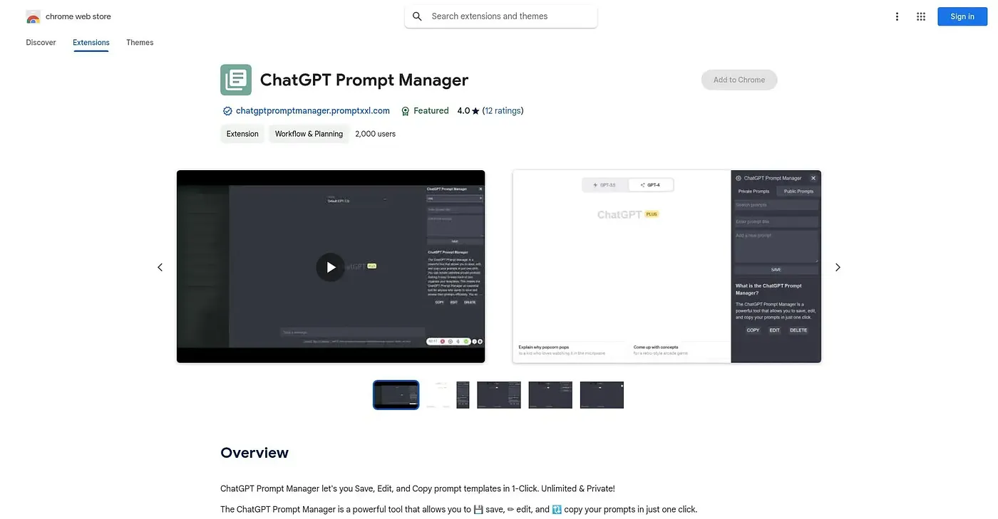 Screenshot of ChatGPT Prompt Manager Chrome Extension