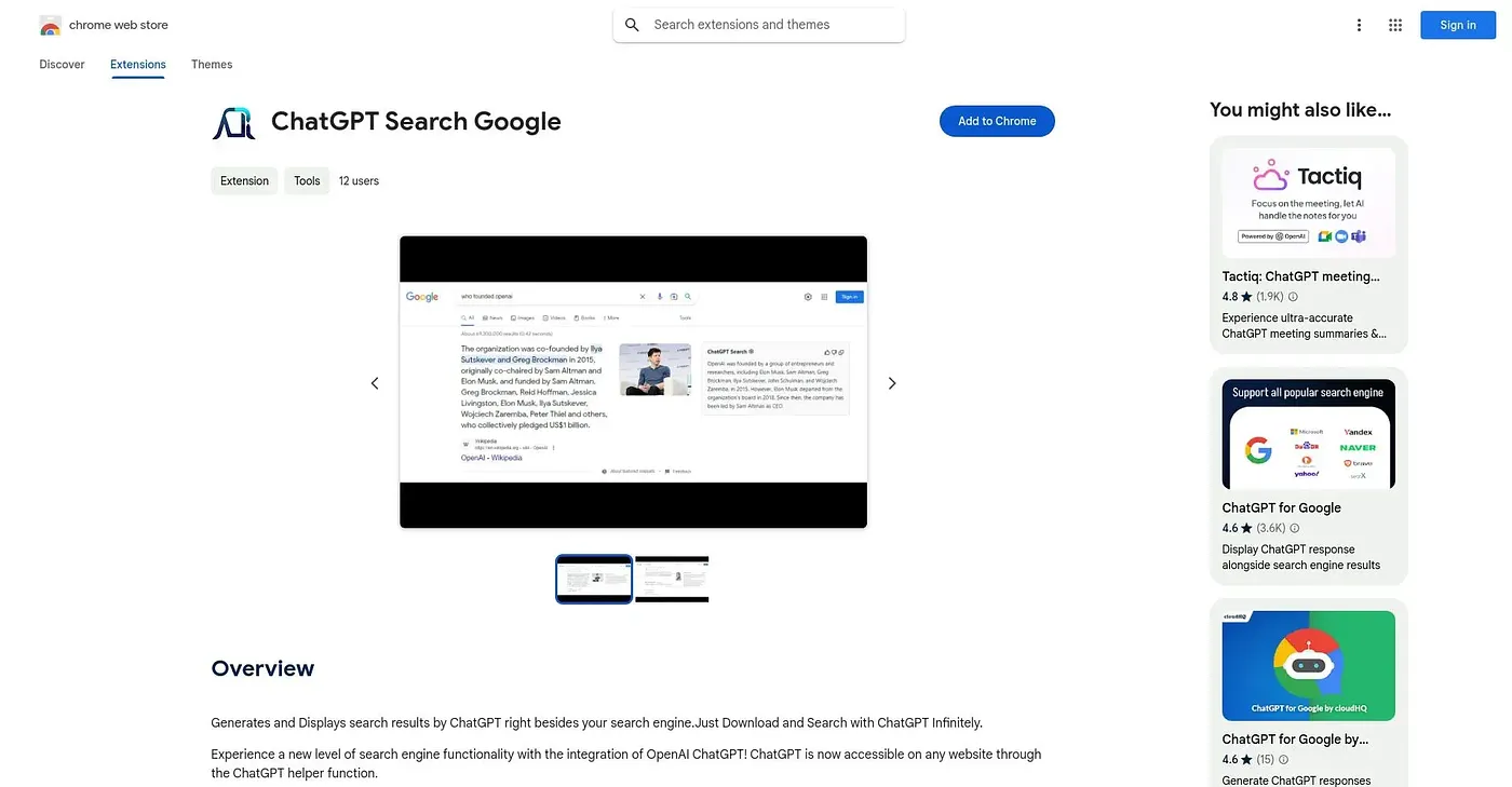 Screenshot of ChatGPT Search Google Chrome Extension