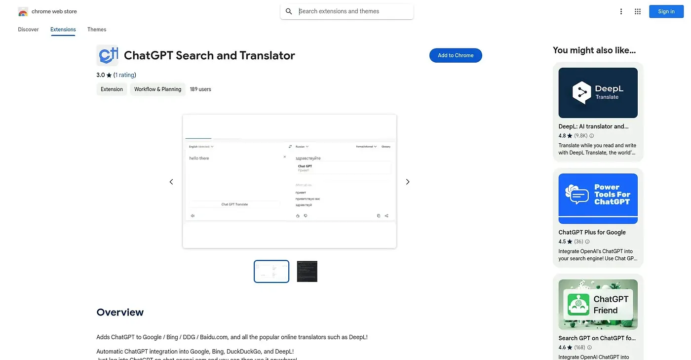 Screenshot of ChatGPT Search and Translate Chrome Extension