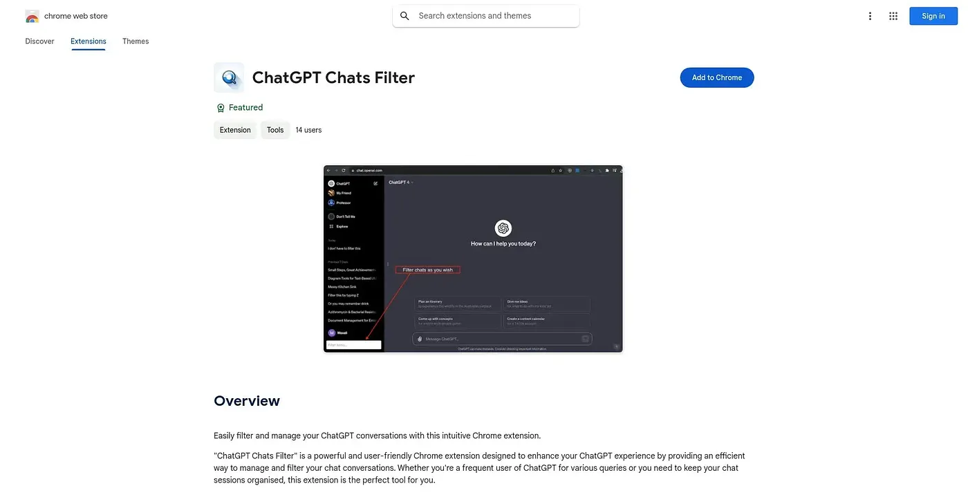 Screenshot of ChatGPT Chats Filter Chrome Extension