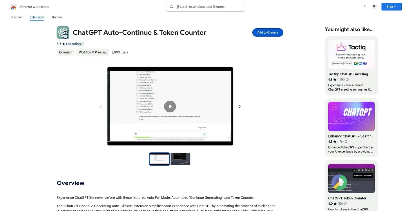 Screenshot of ChatGPT Continue Generating Chrome Extension