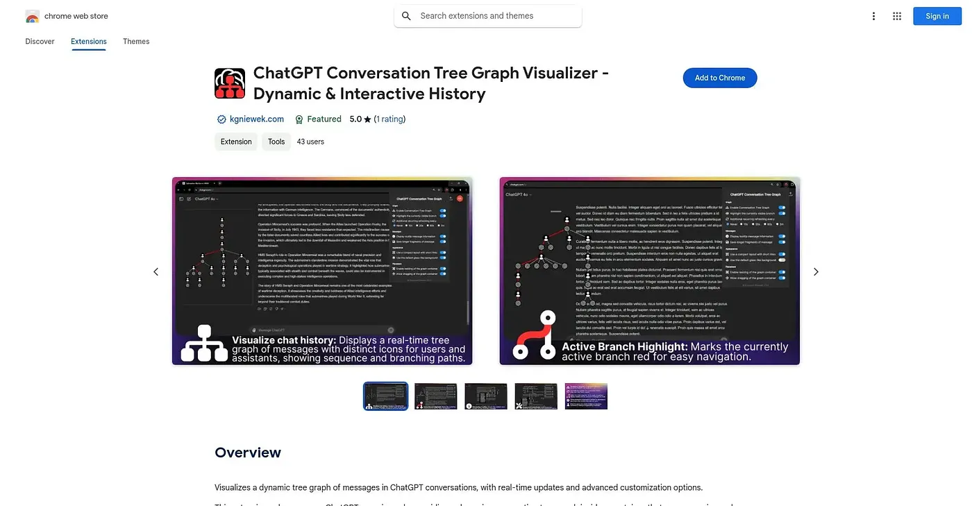 Screenshot of ChatGPT Conversation Tree Chrome Extension