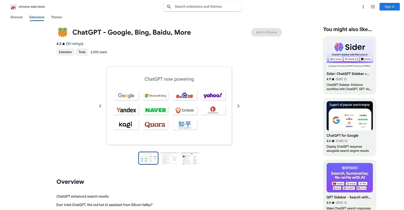 Screenshot of ChatGPT Google Bing Baidu Chrome Extension