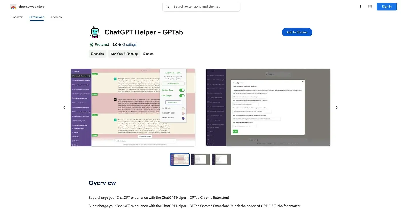 Screenshot of ChatGPT Helper - GPTab Chrome Extension