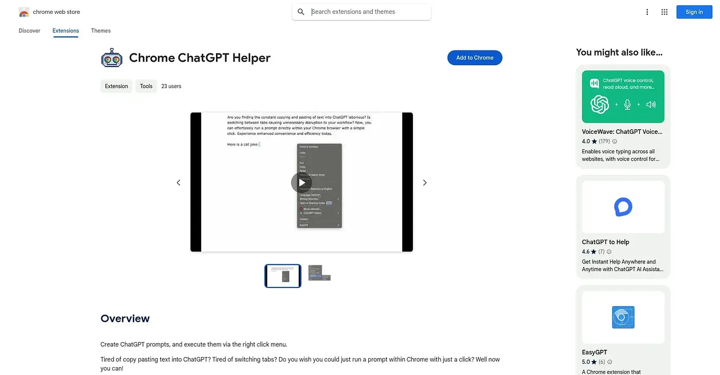 Screenshot of ChatGPT Helper Chrome Extension