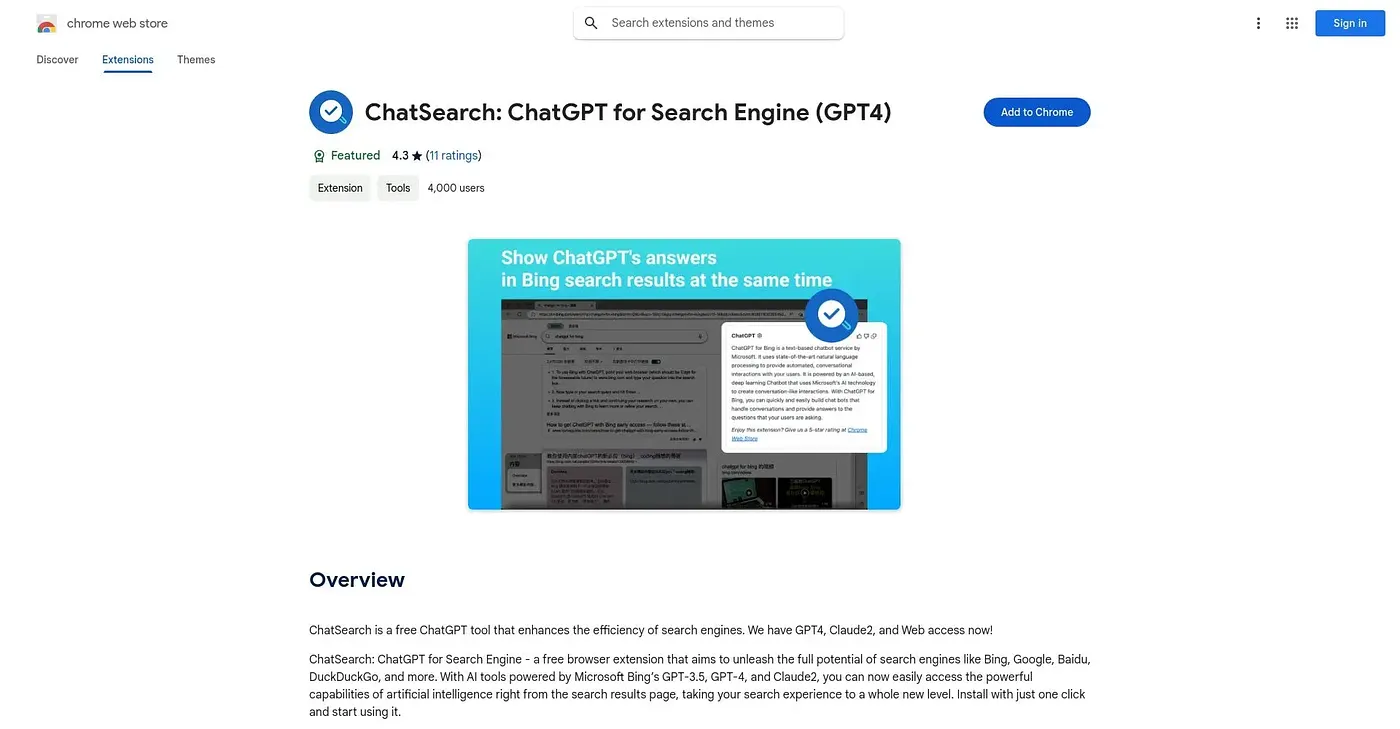 Screenshot of ChatSearch Chrome Extension