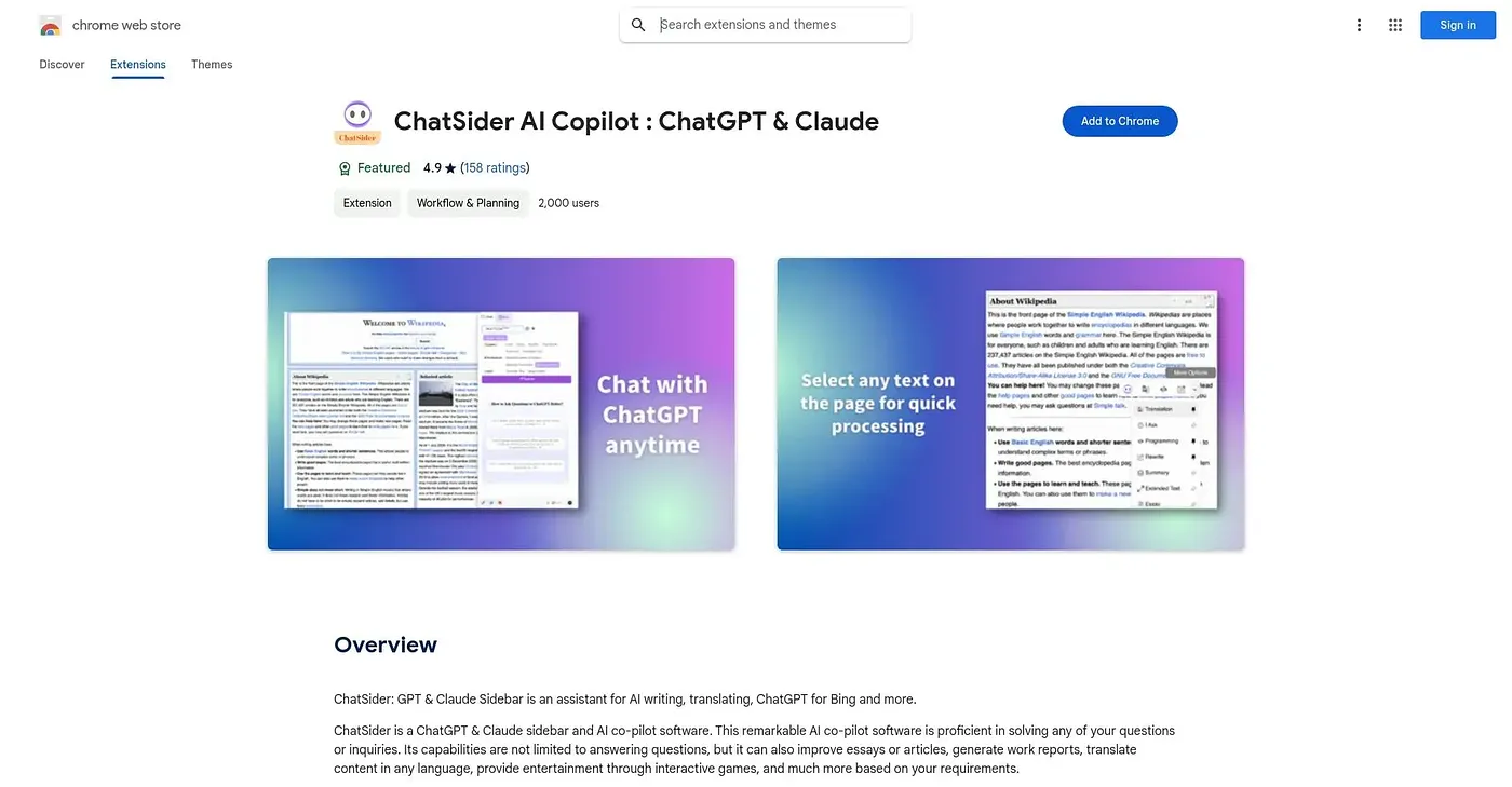 Screenshot of ChatSider: GPT & Claude Sidebar Chrome Extension