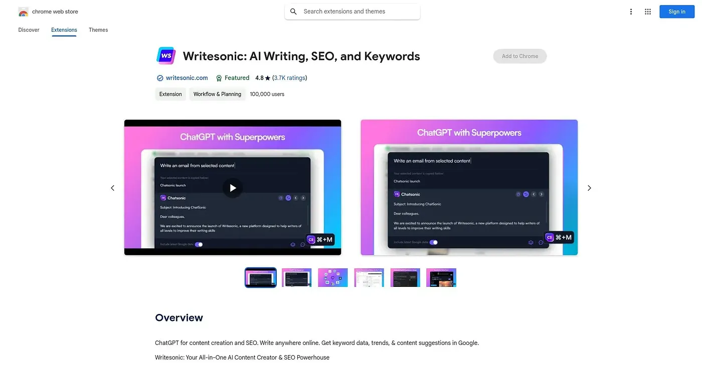 Screenshot of ChatSonic Chrome Extension