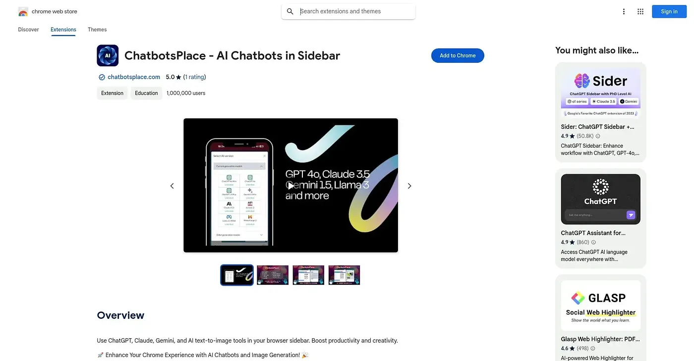 Screenshot of ChatbotsPlace Chrome Extension