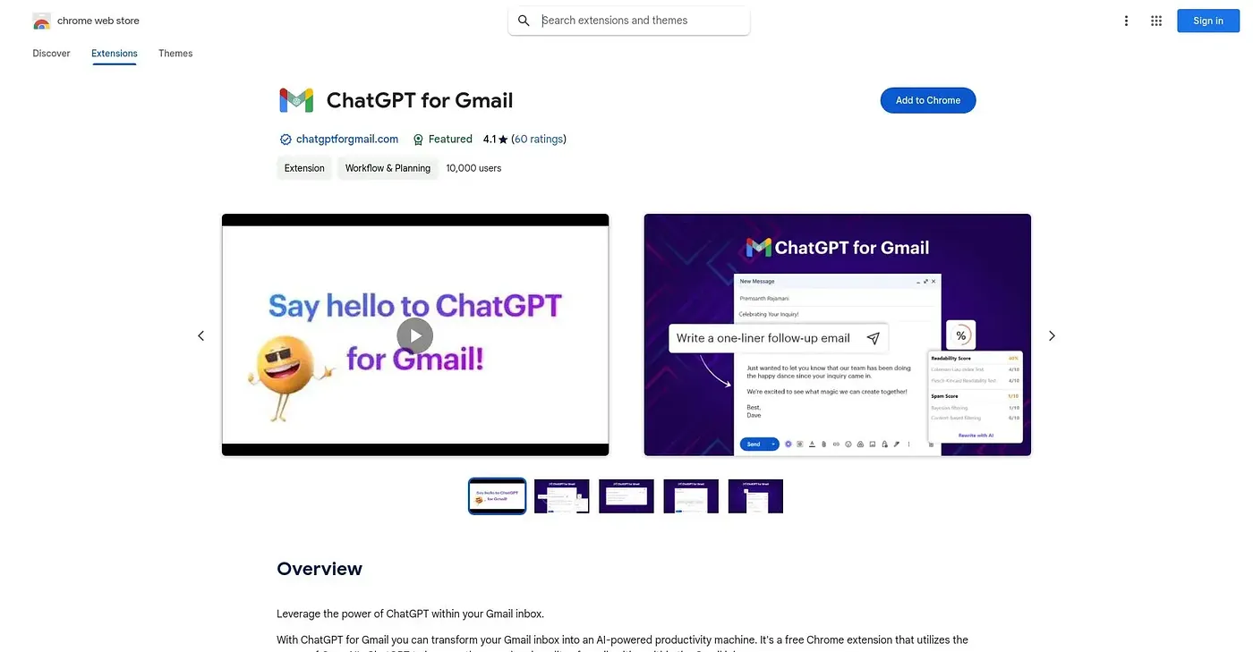 Screenshot of ChatGPT for Gmail Chrome Extension