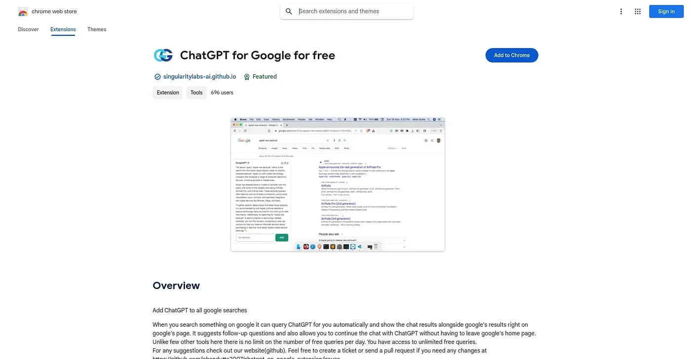 Screenshot of ChatGPT for Google Extension