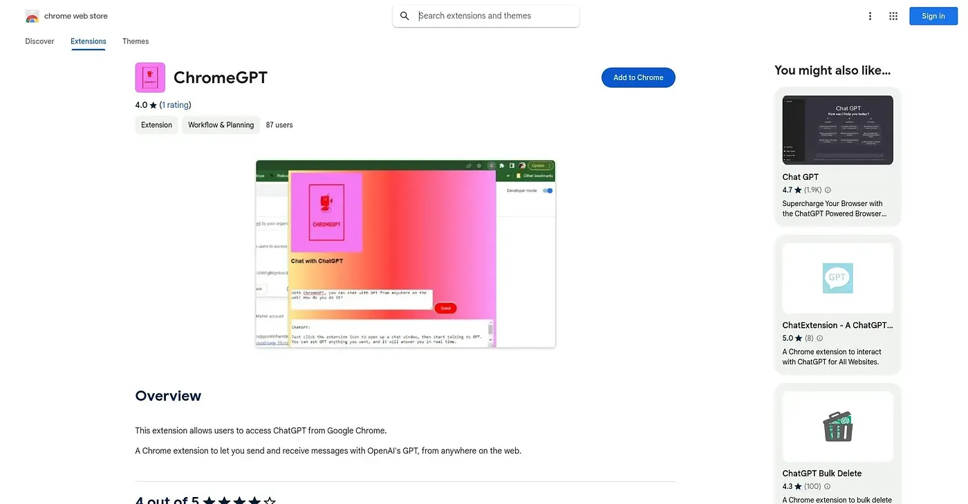 Screenshot of ChromeGPT Chrome Extension