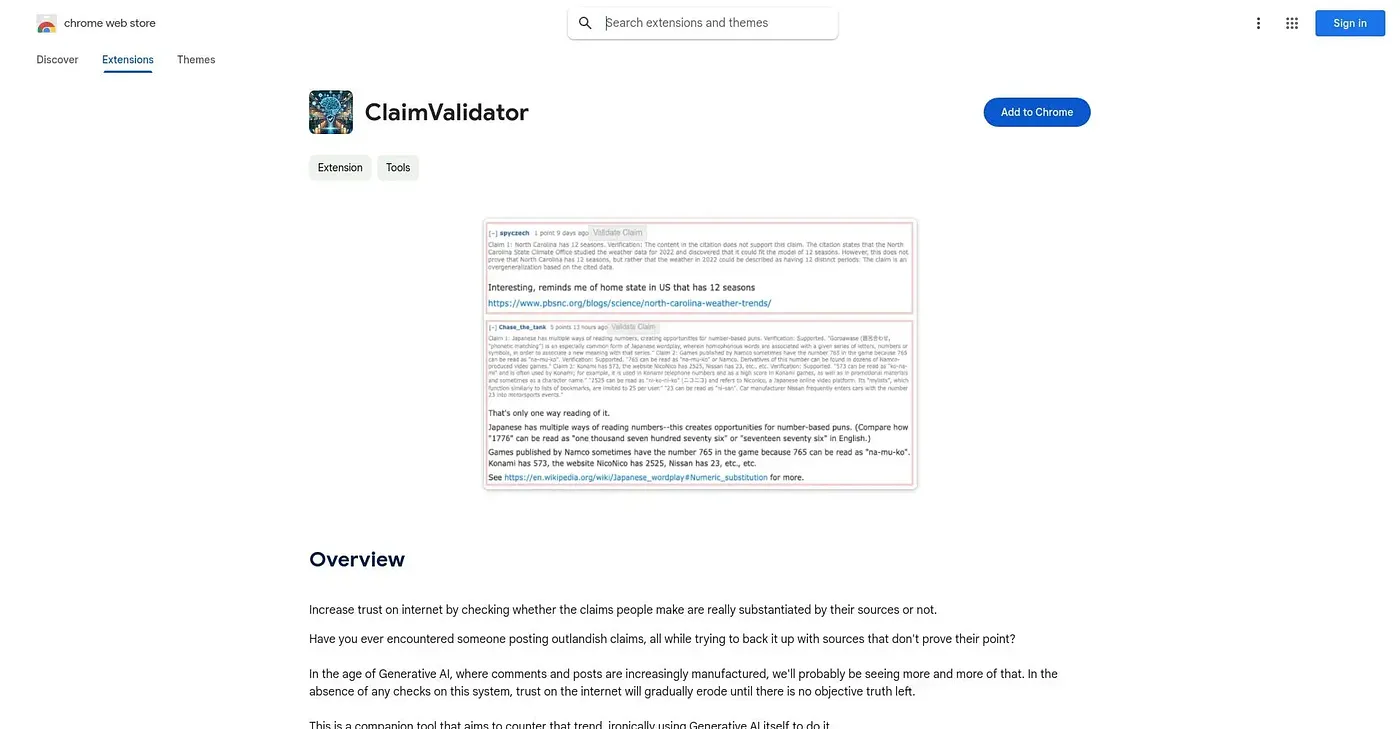 Screenshot of Claim Validator Chrome Extension