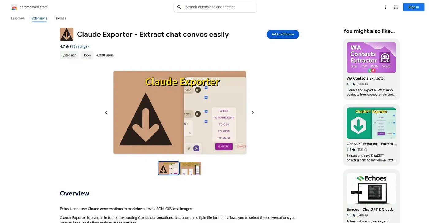 Screenshot of Claude Exporter Extract C - Chrome Extension