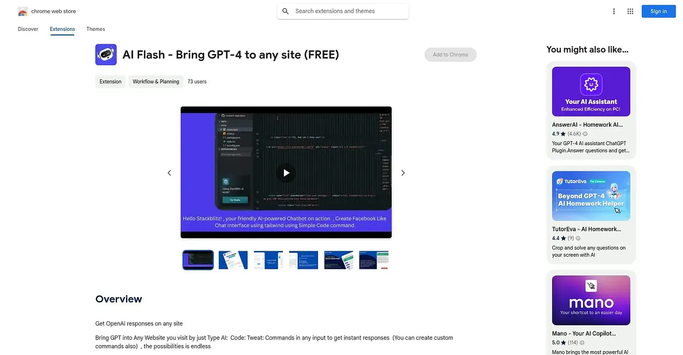 Screenshot of AI Flash GPT-4 Chatbot Extension