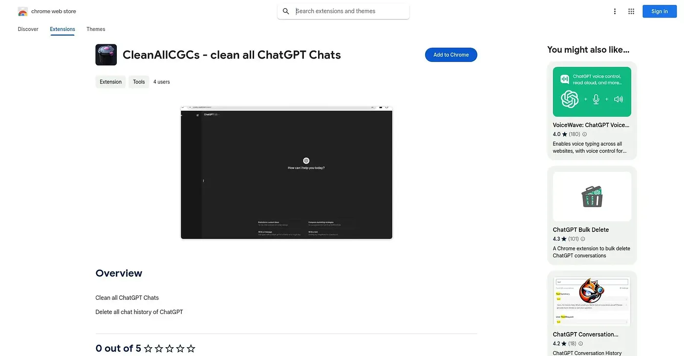 Screenshot of Clean All ChatGPT Chats Chrome Extension