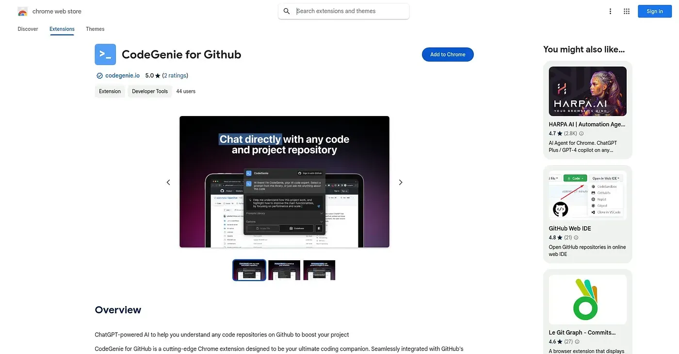 Screenshot of CodeGenie for GitHub Chrome Extension