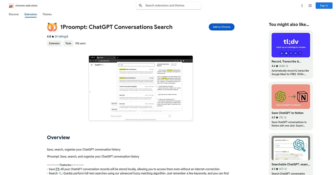 Screenshot of 1Proompt ChatGPT Conversa Extension