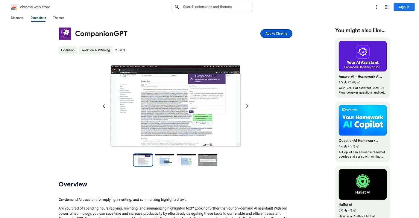 Screenshot of Companion GPT Chrome Extension