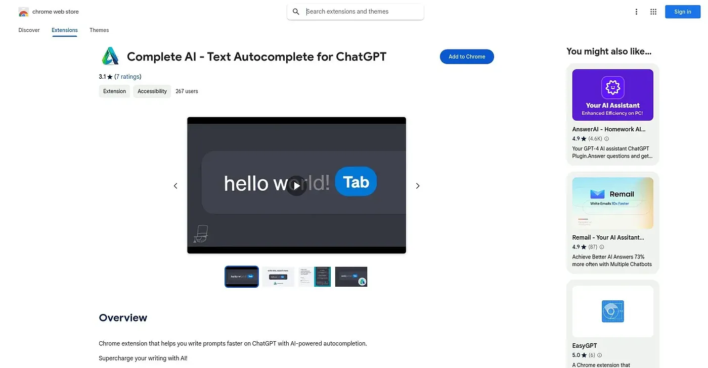 Screenshot of Complete AI Text Autocomp Extension