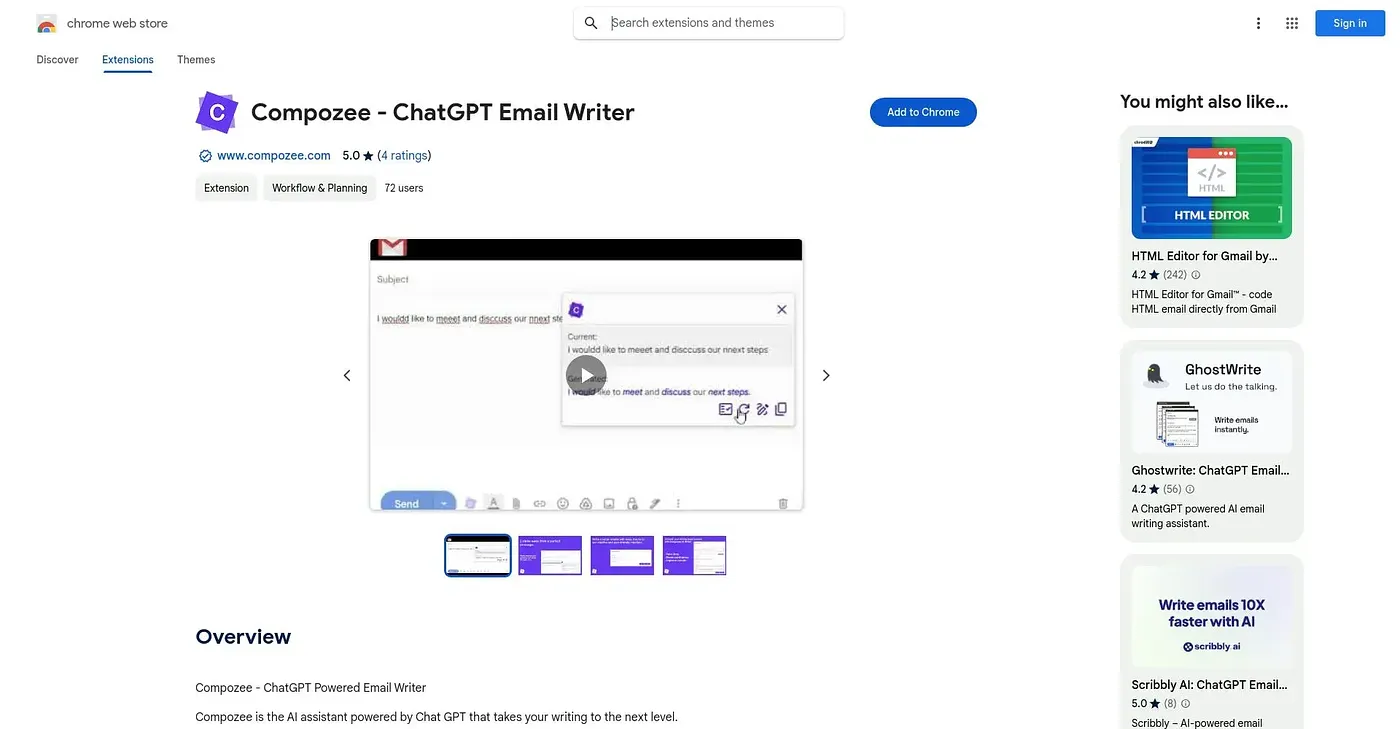 Screenshot of Compozee - ChatGPT Powered Email Writer Chrome Extension