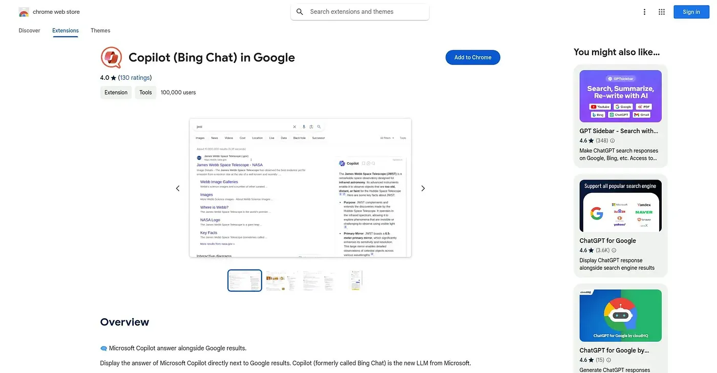 Screenshot of Copilot GPT-4 in Google Chrome Extension