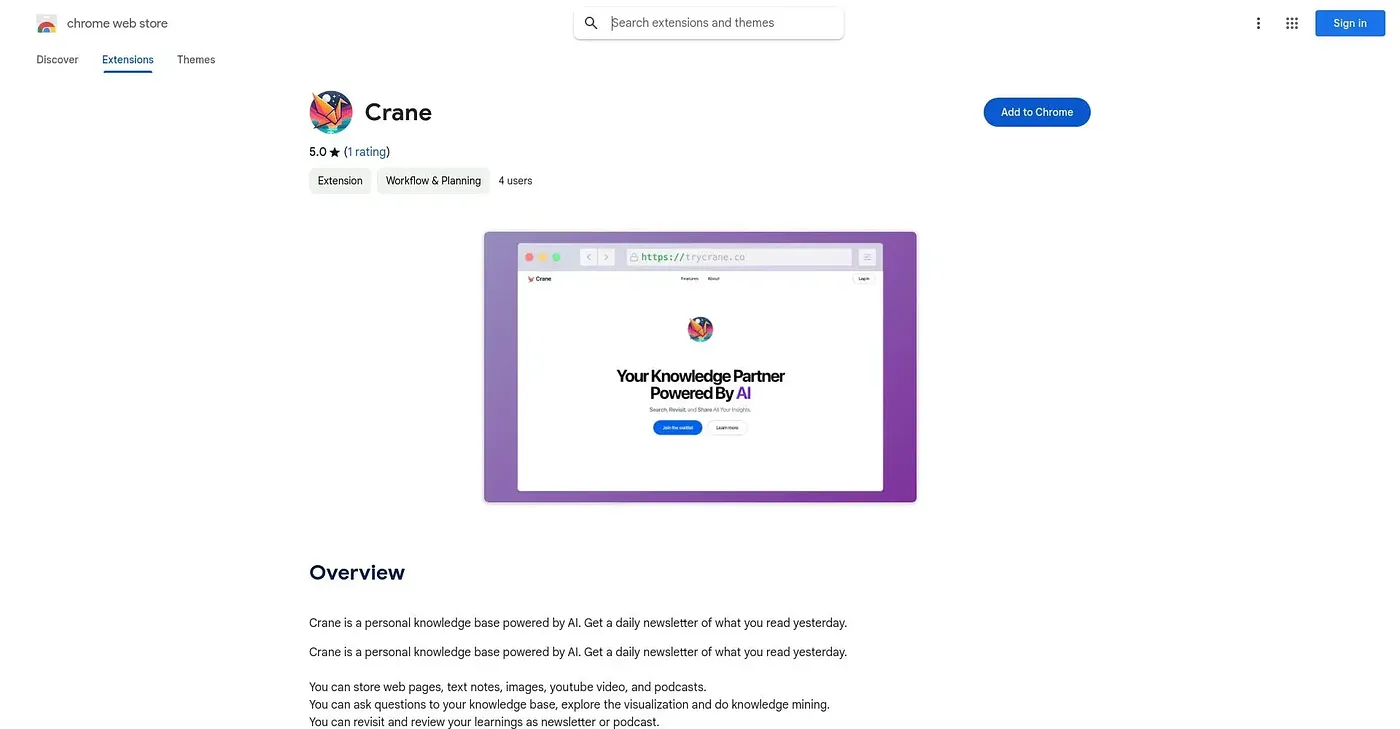 Screenshot of Crane Chrome Extension