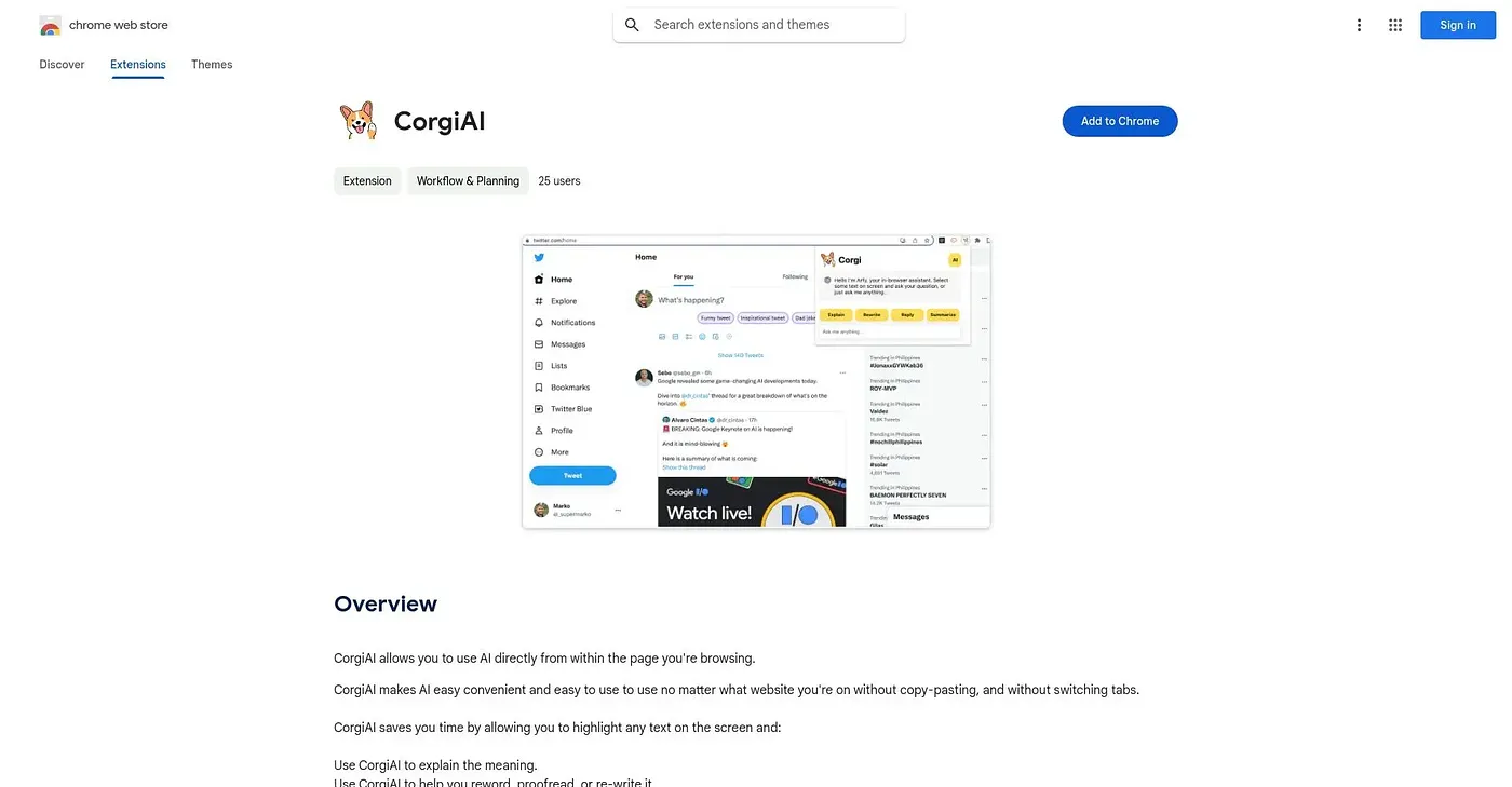 Screenshot of Corgi AI Chrome Extension