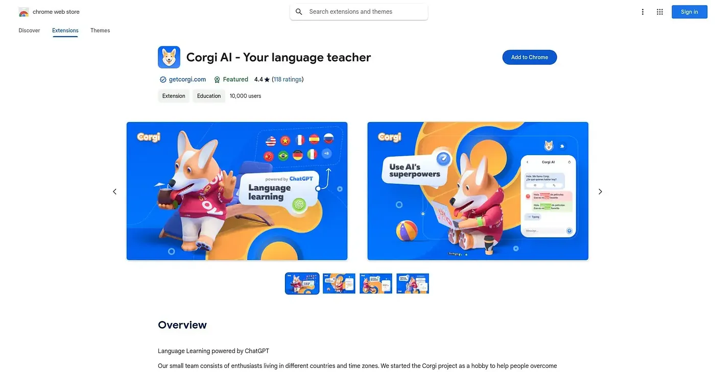 Screenshot of Corgi Learn Languages - Chrome Extension