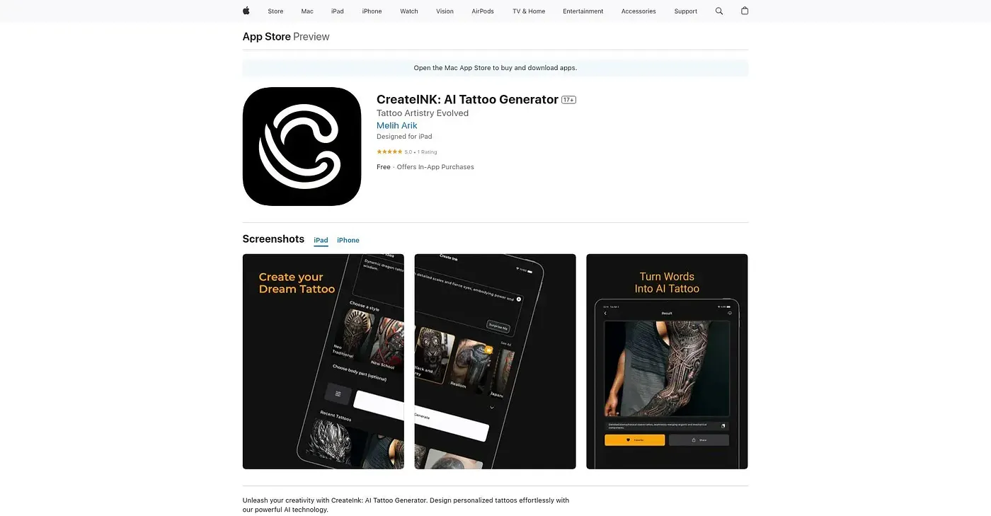 Screenshot of CreateINK: AI Tattoo Generator