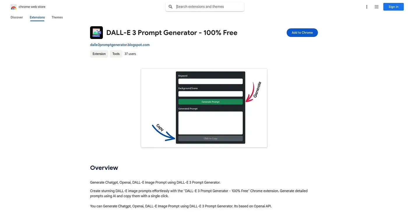 Screenshot of DALL-E 3 Prompt Generator Extension