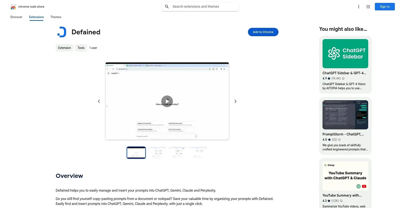 Screenshot of Defained Chrome Extension