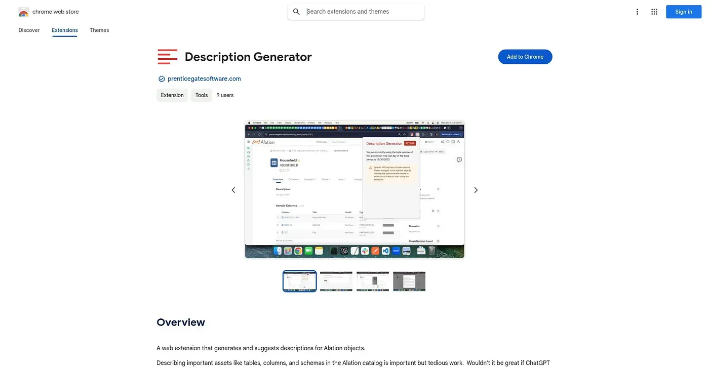 Screenshot of Description Generator Chrome Extension