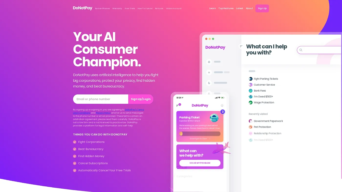 Screenshot of DoNotPay