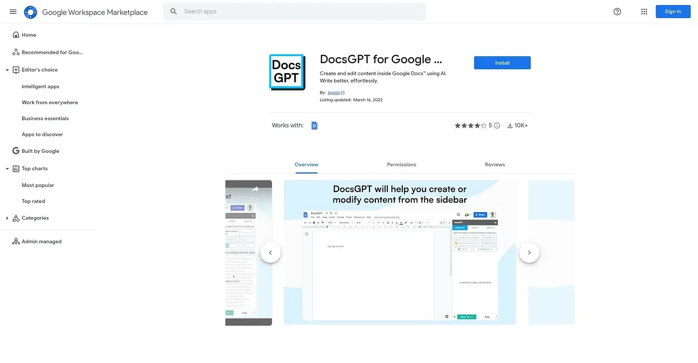 Screenshot of DocsGPT for Google Docs