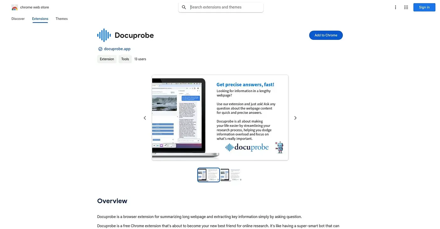 Screenshot of Docuprobe Chrome Extension