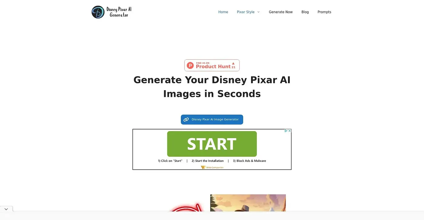 Screenshot of Disney Pixar AI Generator