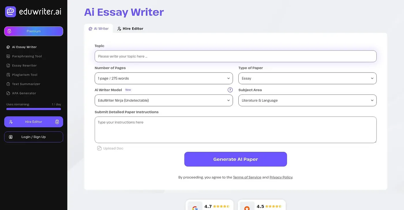 Screenshot of Eduwriter AI