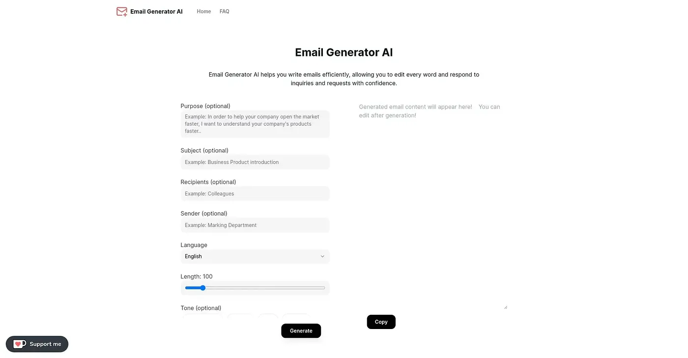 Screenshot of Email Generator AI