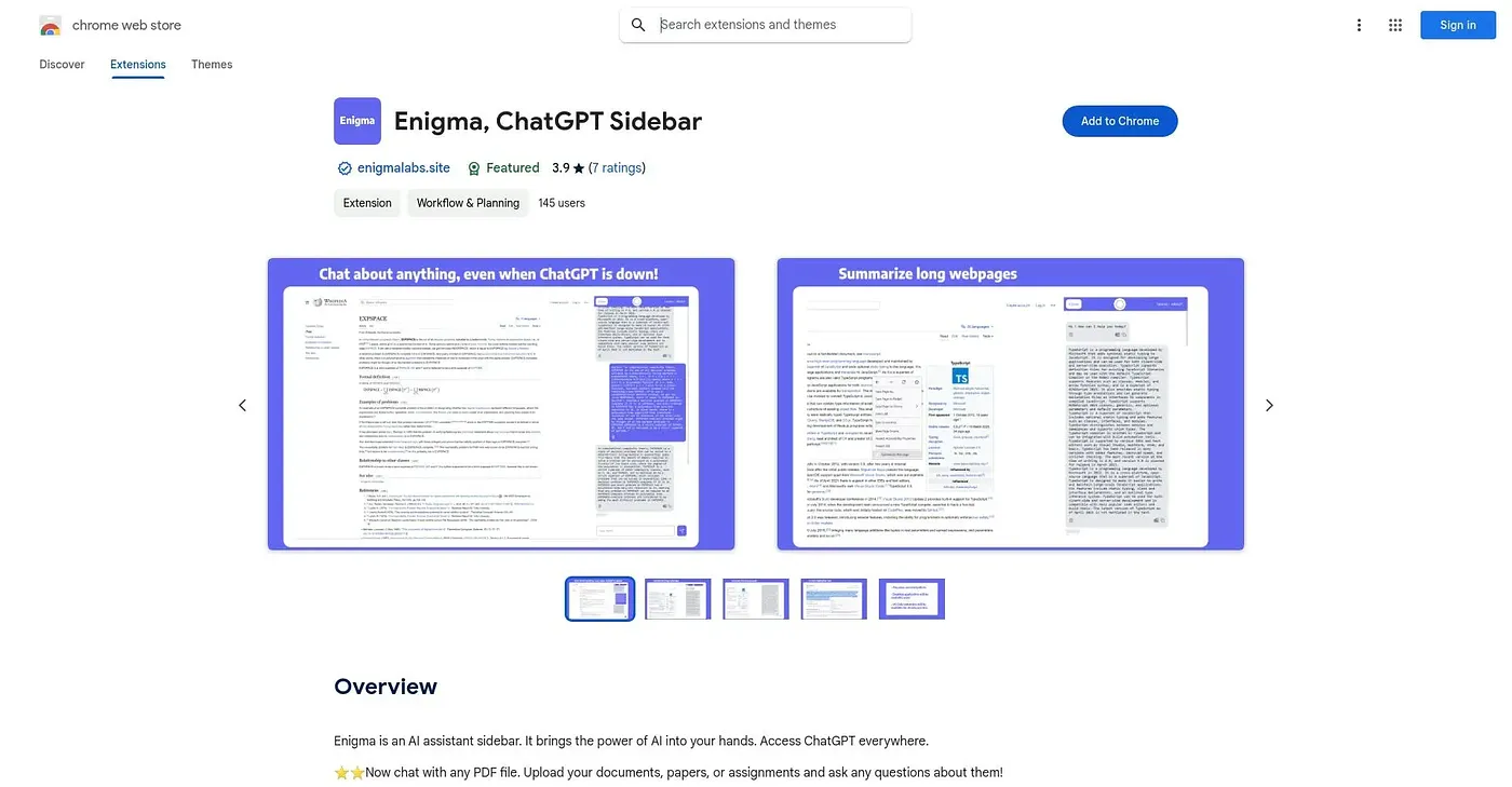 Screenshot of Enigma ChatGPT Sidebar Chrome Extension