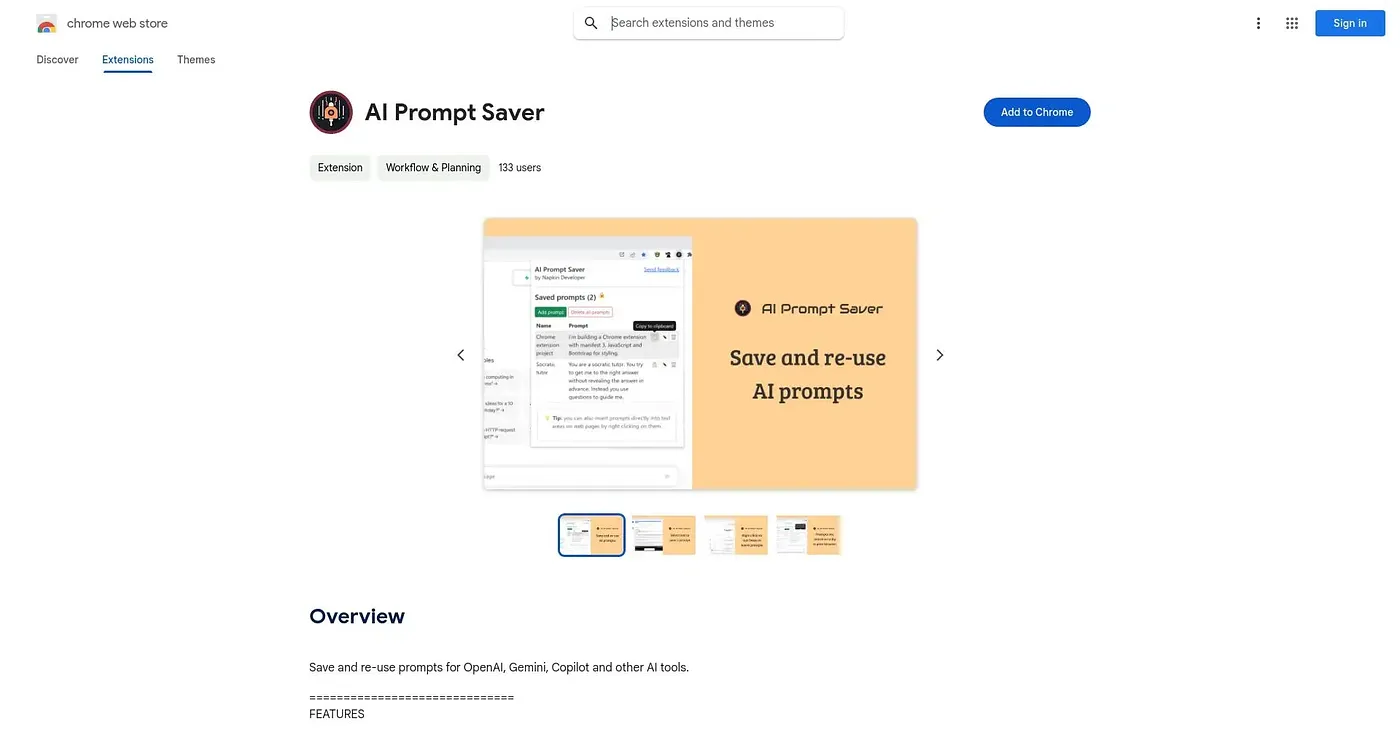 Screenshot of AI Prompt Saver Chrome Extension