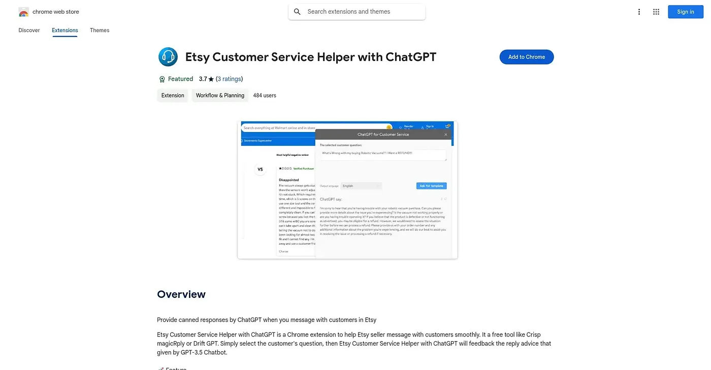 Screenshot of Etsy Customer Service Hel Chrome Extension