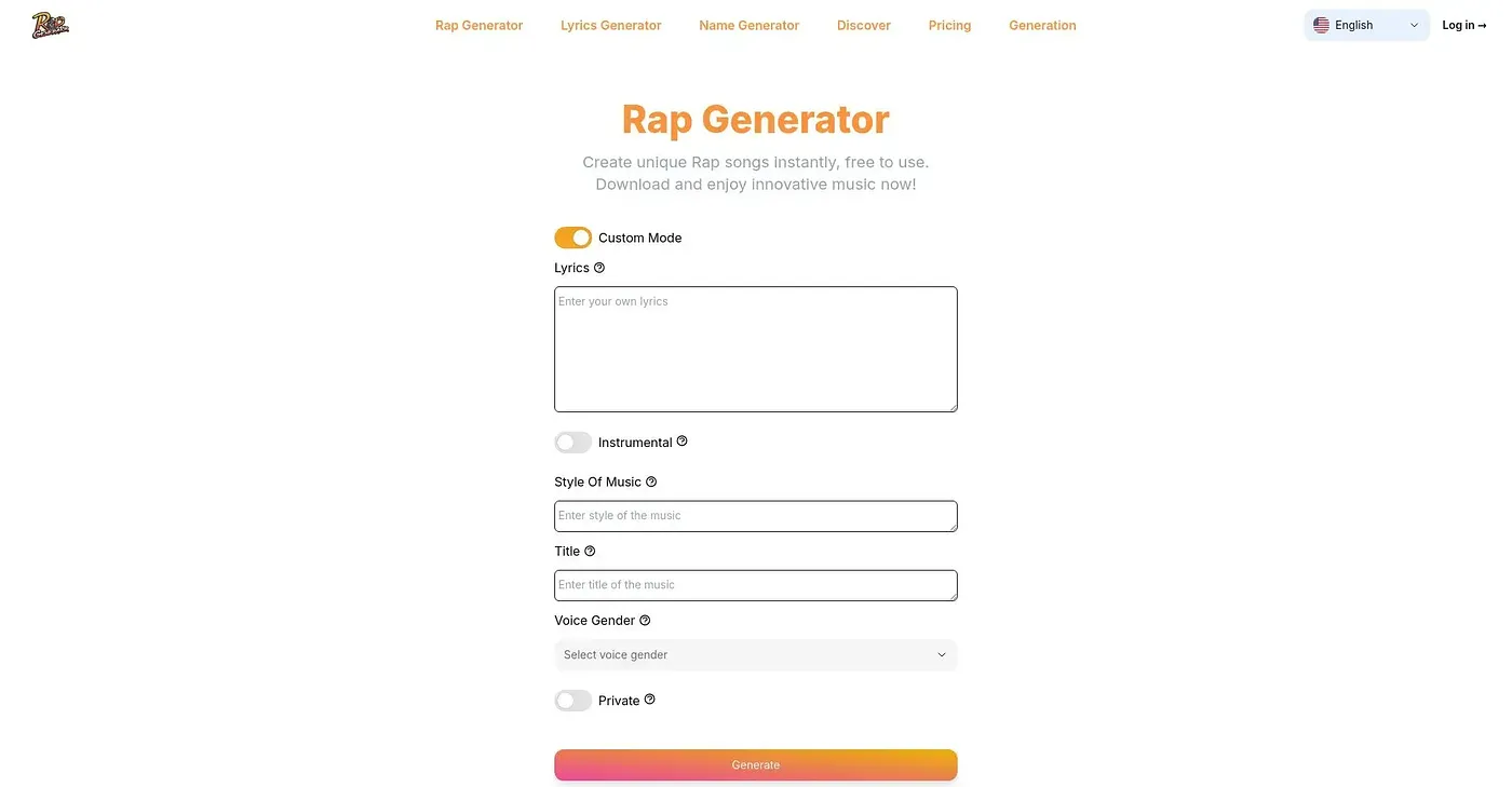Screenshot of AI Rap Generator