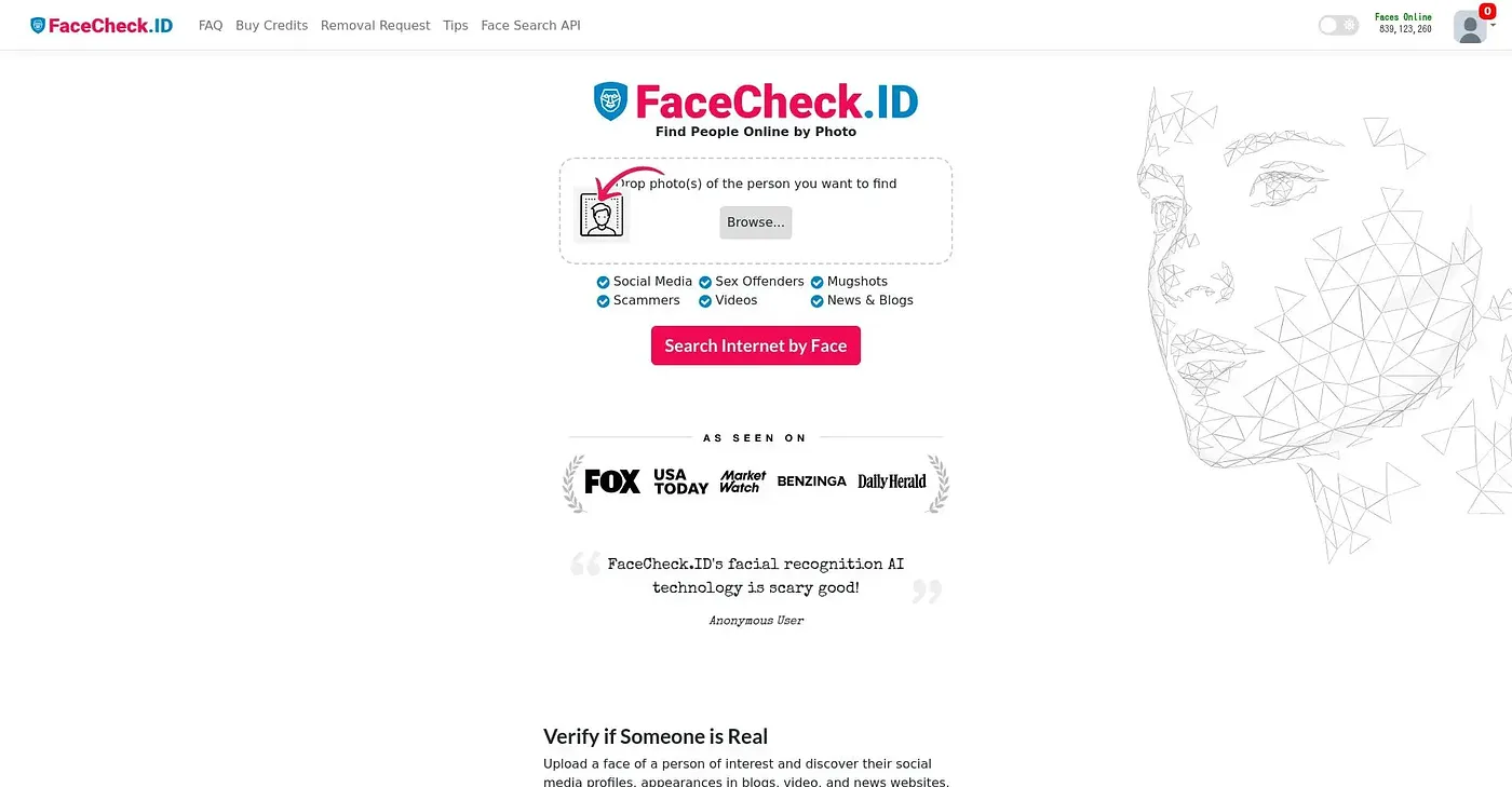 Screenshot of Facecheck AI
