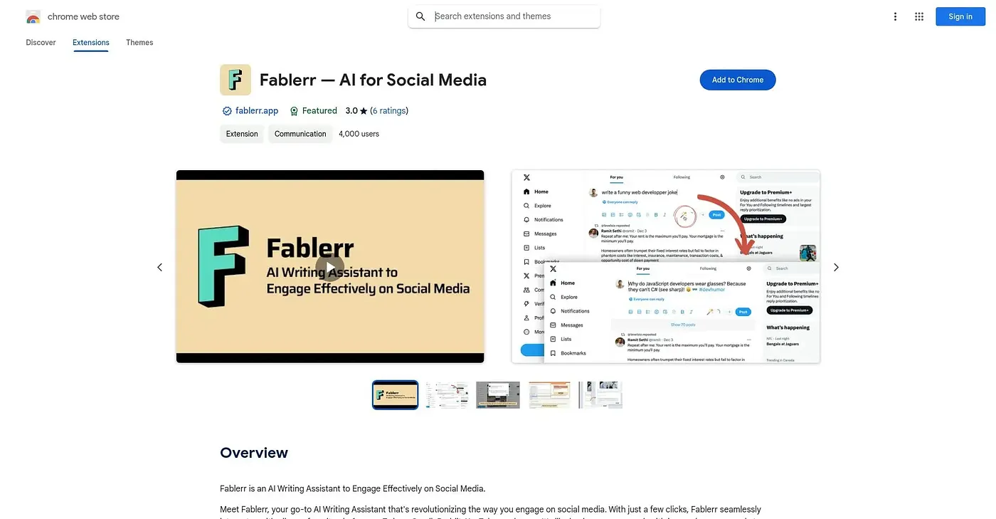 Screenshot of Fablerr — AI for Social Media Chrome Extension